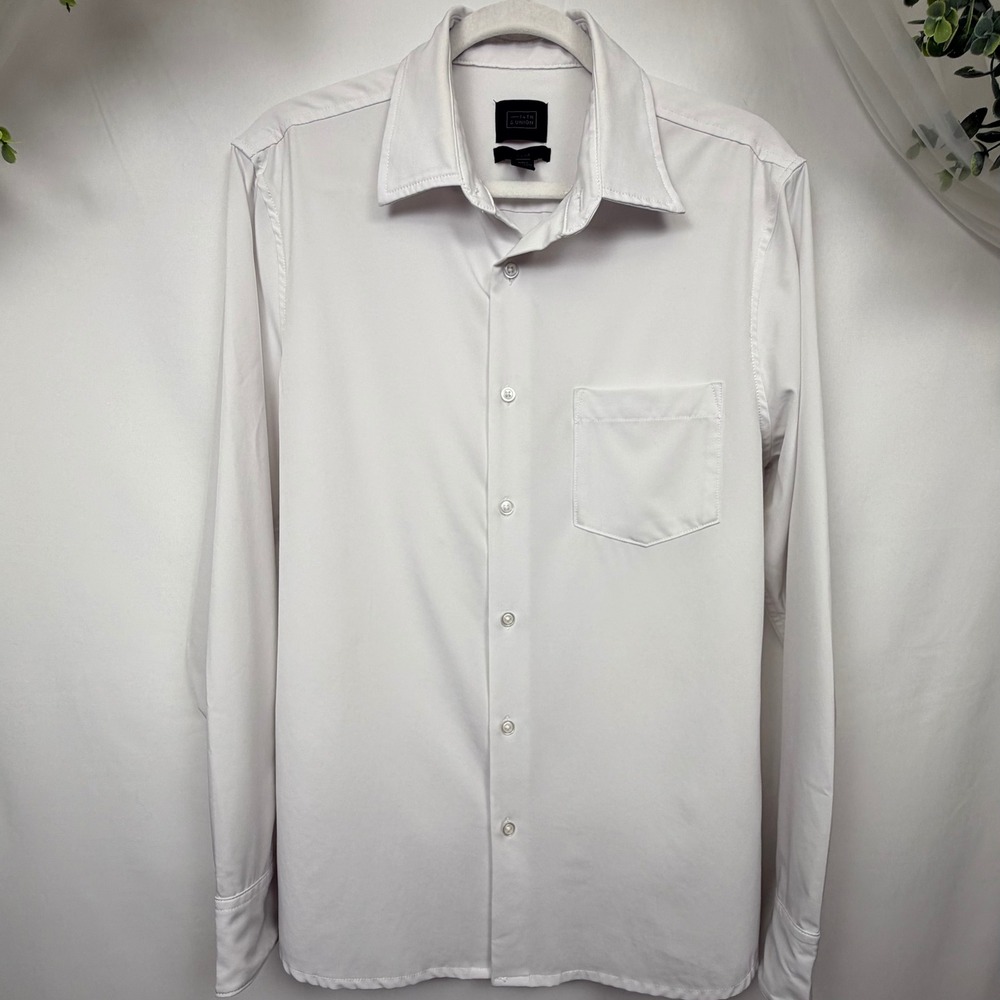 14th & Union Mens Trim Fit Long Sleeve Button Down Shirt White Medium Stretch